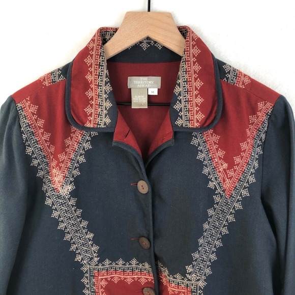 VTG The Territory Ahead Embroidered Jacket Women's Sz M Blue Red Cotton Button - Picture 3 of 10